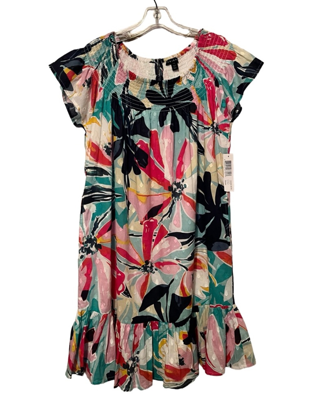 NWT Tribal Colorful Floral Swiss Dot Smock Dress Cotton, size Small